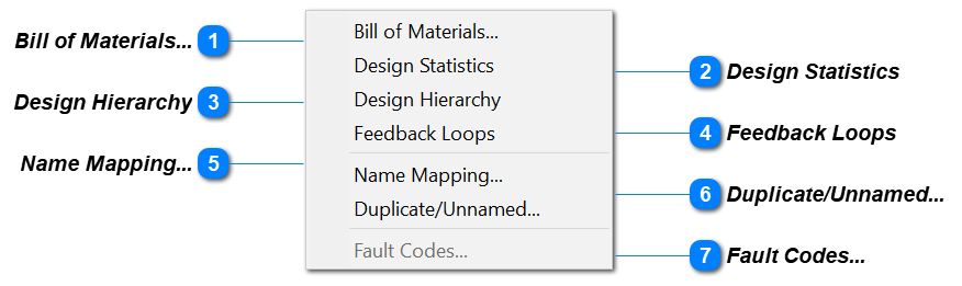 Design Reports Pull-Down Menu