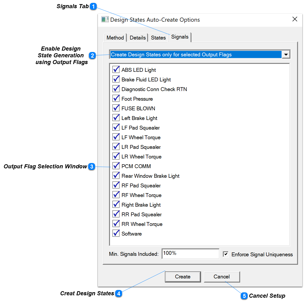 Design States Auto-Create Options Signals window