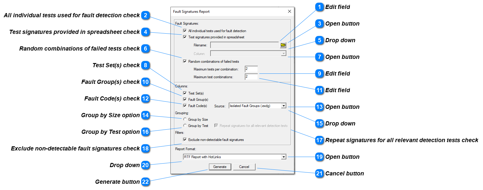 Fault Signatures Report Setup