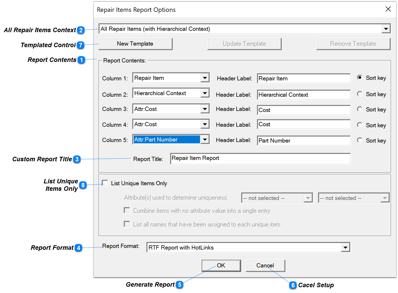 Repair Items Report - 5 column Setup