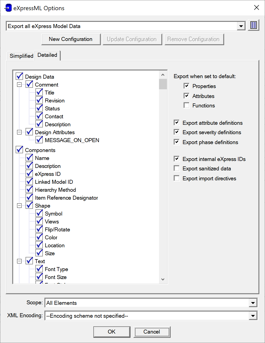 Detailed panel on eXpressML Export Options dialog